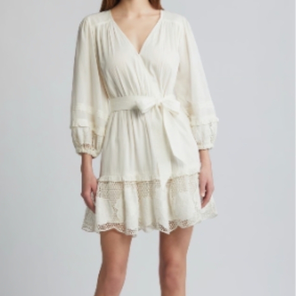 Cleobella Dresses & Skirts - Cleobella White Eyelet Lace Wrap Mini Dress Boho Luxury Organic Summer Small